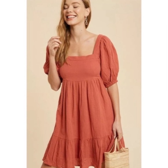 SOLD OUT Burnt Coral Gauze Boho Ruffle Babydoll Dress - Picture 4 of 7